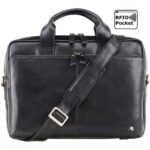 A sleek black leather briefcase with a smooth texture, featuring a detachable shoulder strap and sturdy double handles. The bag has a prominent silver buckle on the strap and discrete zippers with leather pulls. A small metallic brand insignia is subtly placed in the lower right corner. The top right corner of the image highlights an RFID-protected pocket feature, indicating added security for electronic devices.
