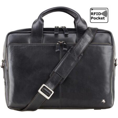 A sleek black leather briefcase with a smooth texture, featuring a detachable shoulder strap and sturdy double handles. The bag has a prominent silver buckle on the strap and discrete zippers with leather pulls. A small metallic brand insignia is subtly placed in the lower right corner. The top right corner of the image highlights an RFID-protected pocket feature, indicating added security for electronic devices.